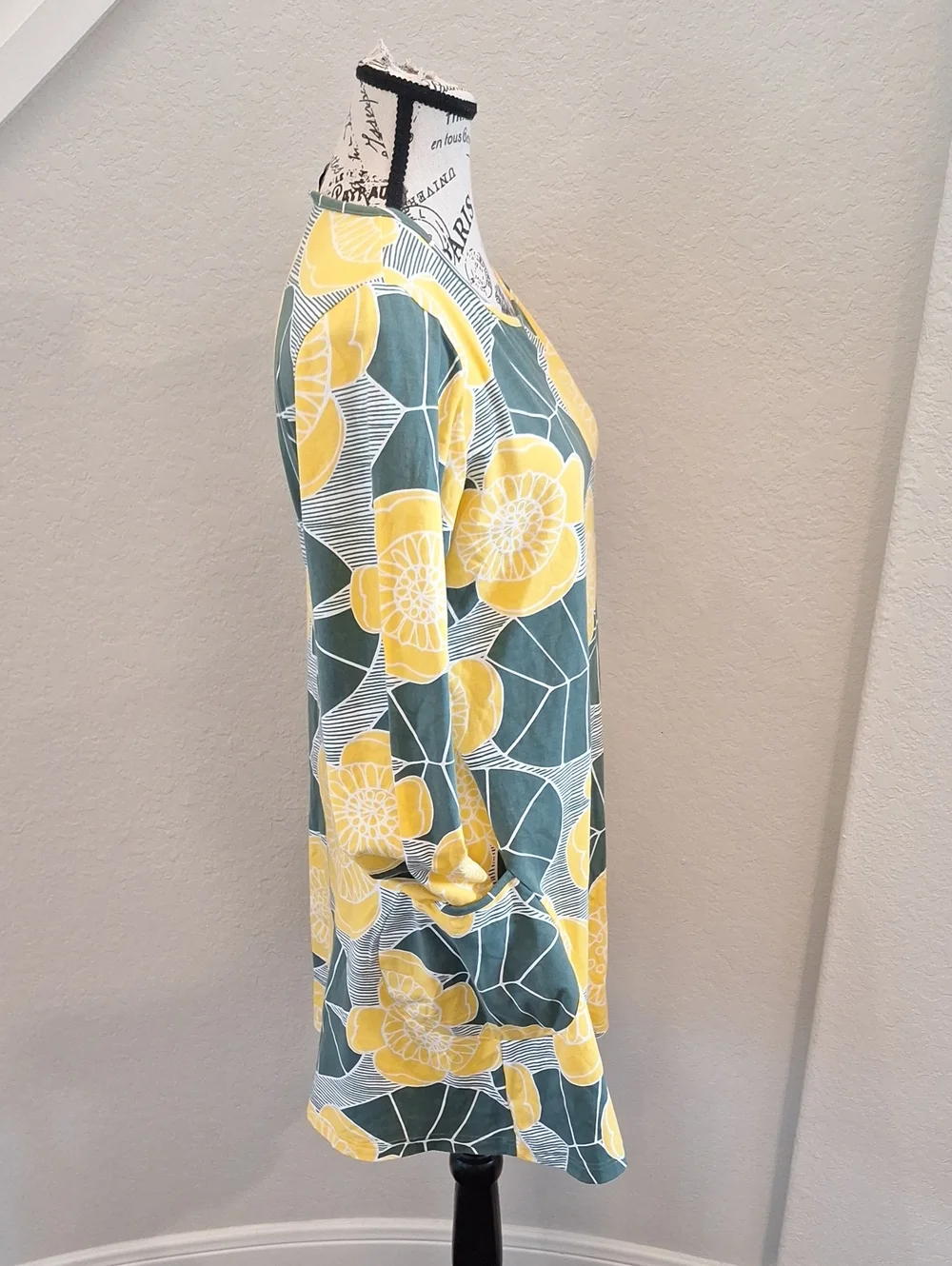 PaaPii Finland Kannel Tunic Organic Cotton Yellow & Green Floral Lagenlook LARGE